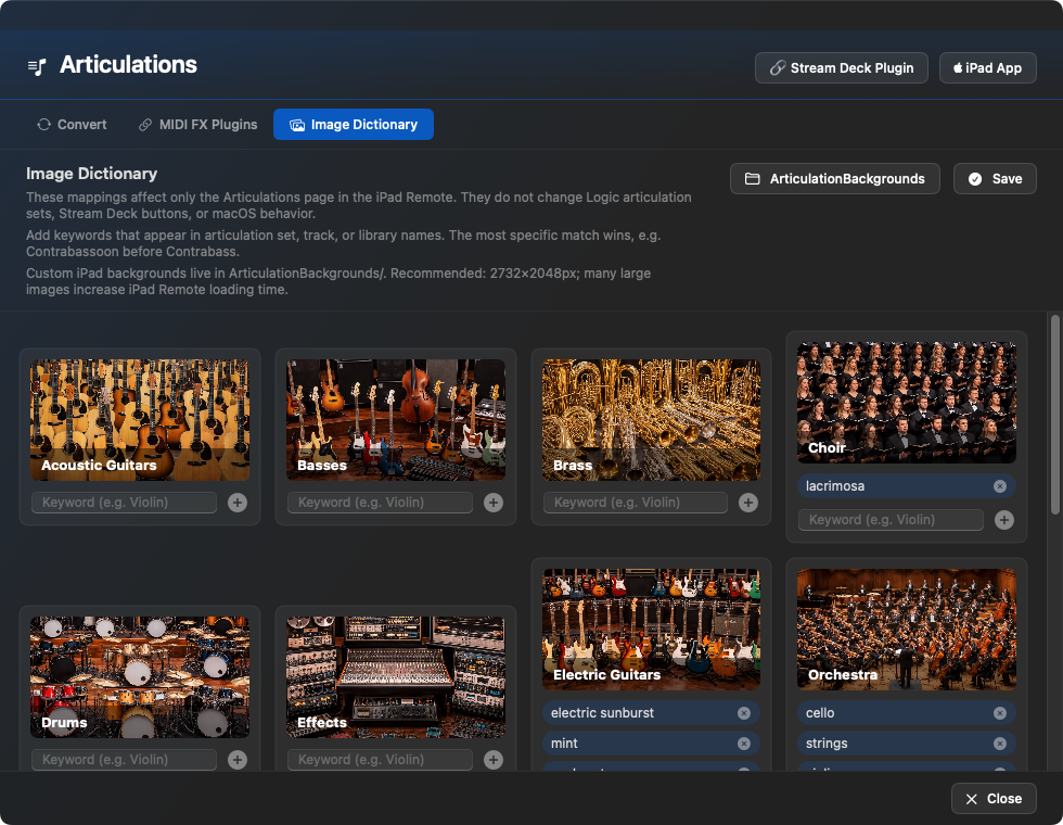 Articulations Fenster im Image Dictionary Reiter mit iPad-Hintergrundbildern und Keywords