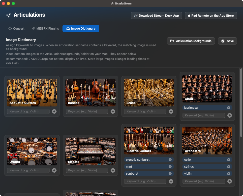 Articulations Image Dictionary mit Instrumentenbildern