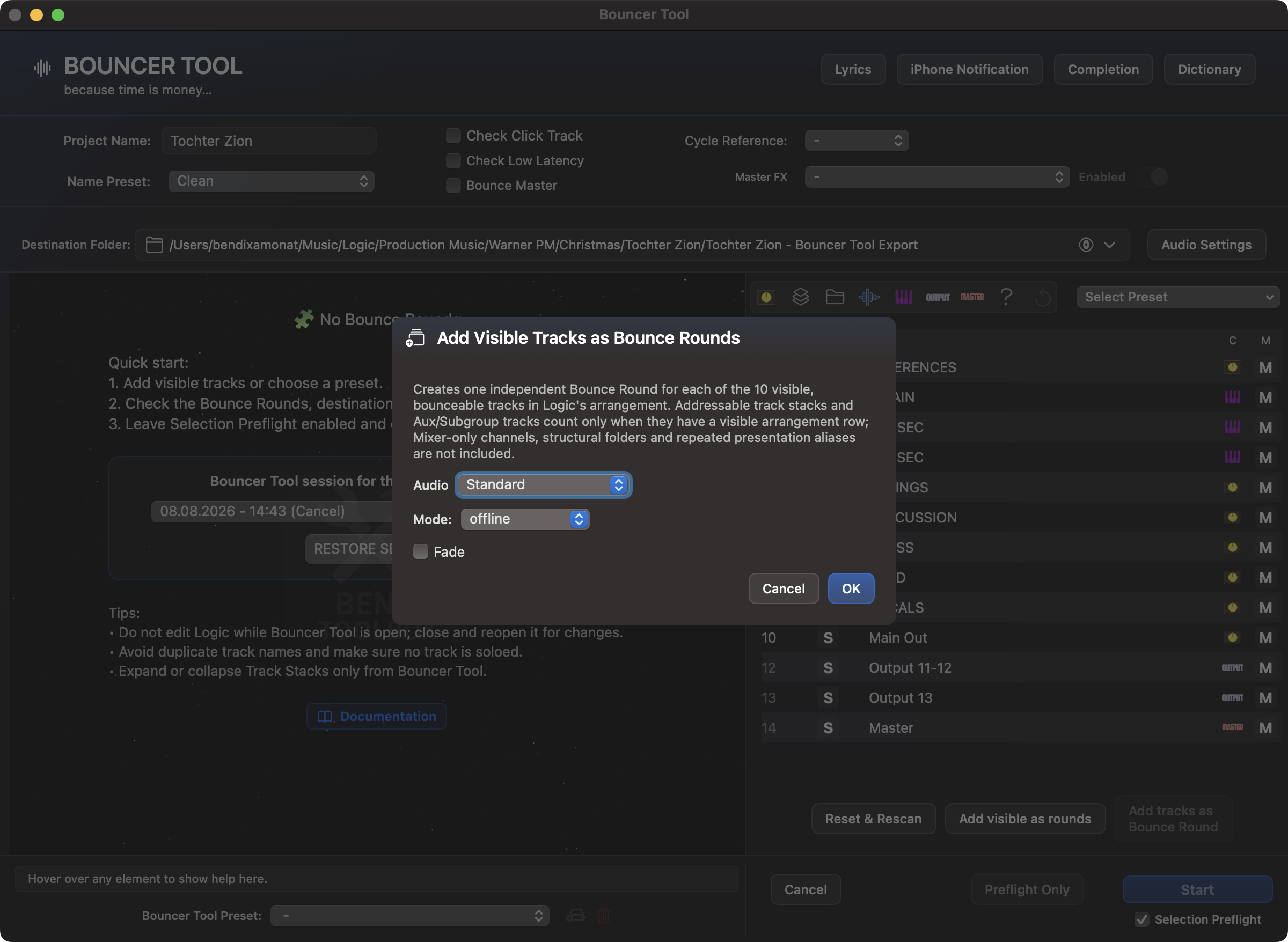 Bestätigungsdialog für Add visible as rounds mit Regeln für sichtbare Arrangement-Spuren