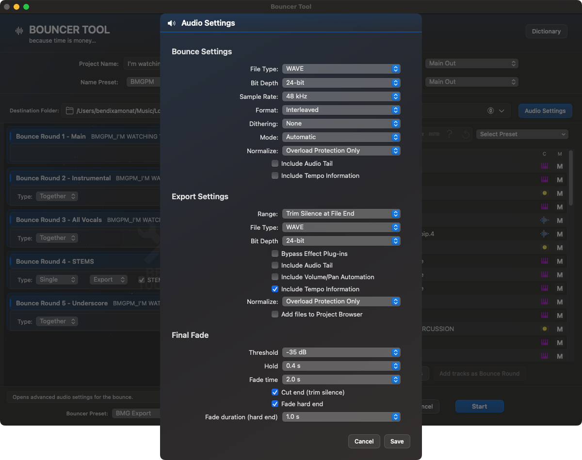 Bouncer Audio Settings mit Bounce Settings, Export Settings und Final Fade Settings