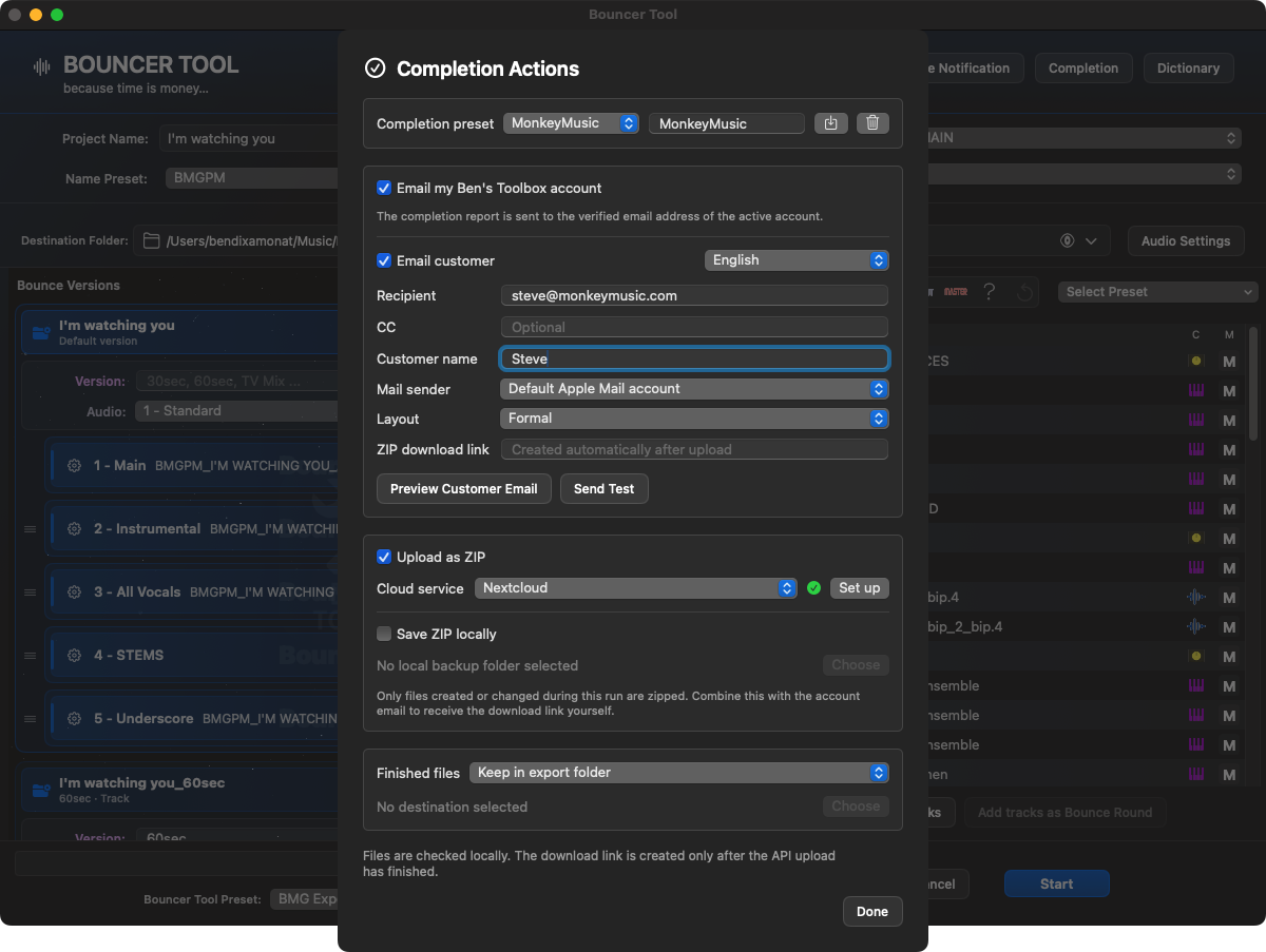 Bouncer Tool Completion Actions mit Kundenmail, Nextcloud Upload, ZIP-Sicherung und Completion-Preset