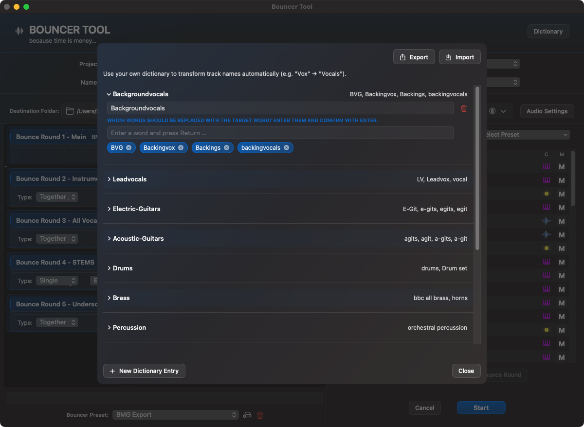 Bouncer Dictionary Manager mit Zielnamen und Synonymen