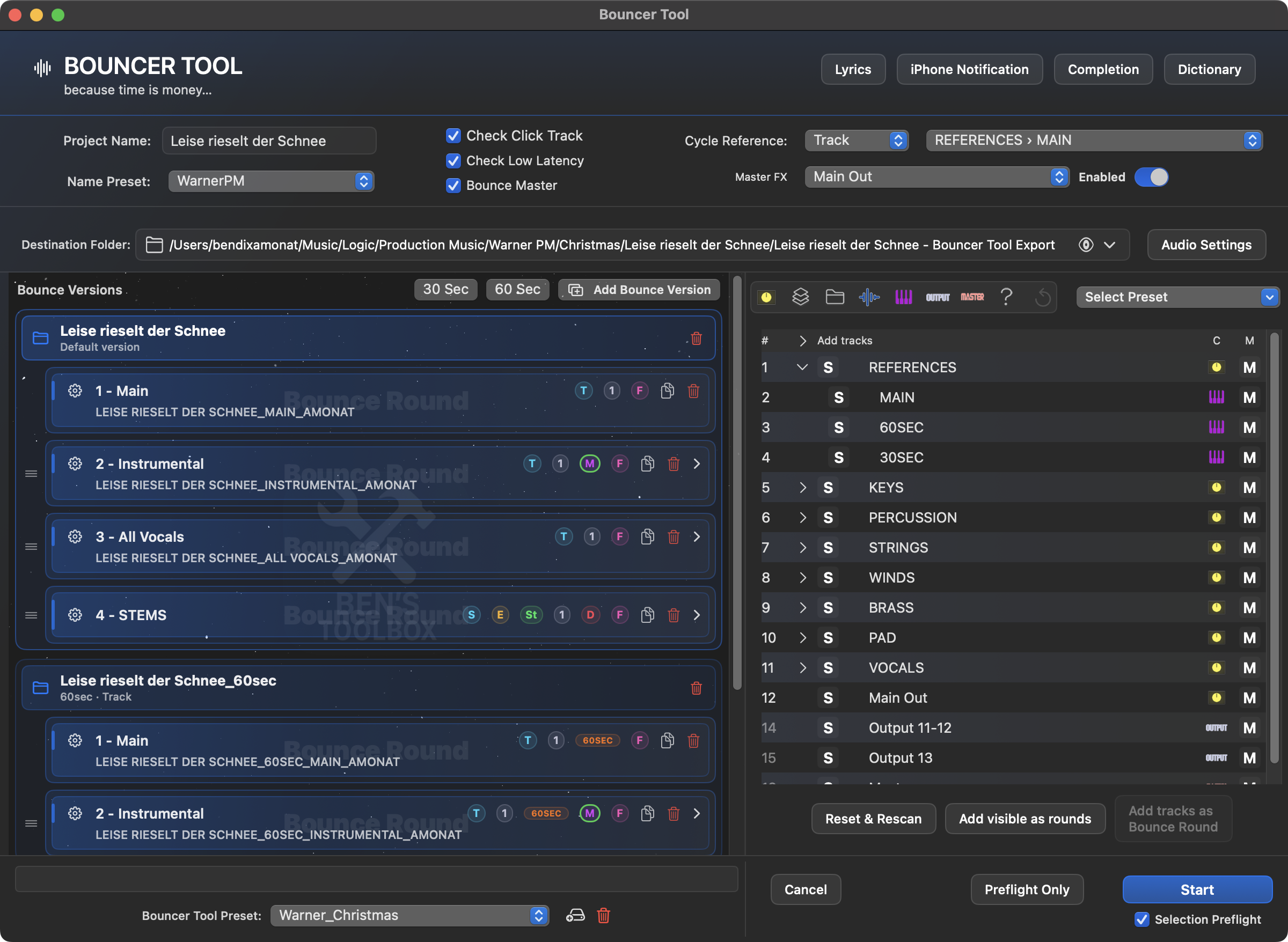 Bouncer Tool mit zweizeiligen Together- und Main-Bounce-Rounds, deren endgültige Exportnamen unter den nummerierten Round-Titeln stehen