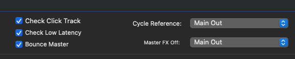 Bouncer Header-Optionen für Klick, Low Latency, Bounce Master, Cycle Reference und Master FX