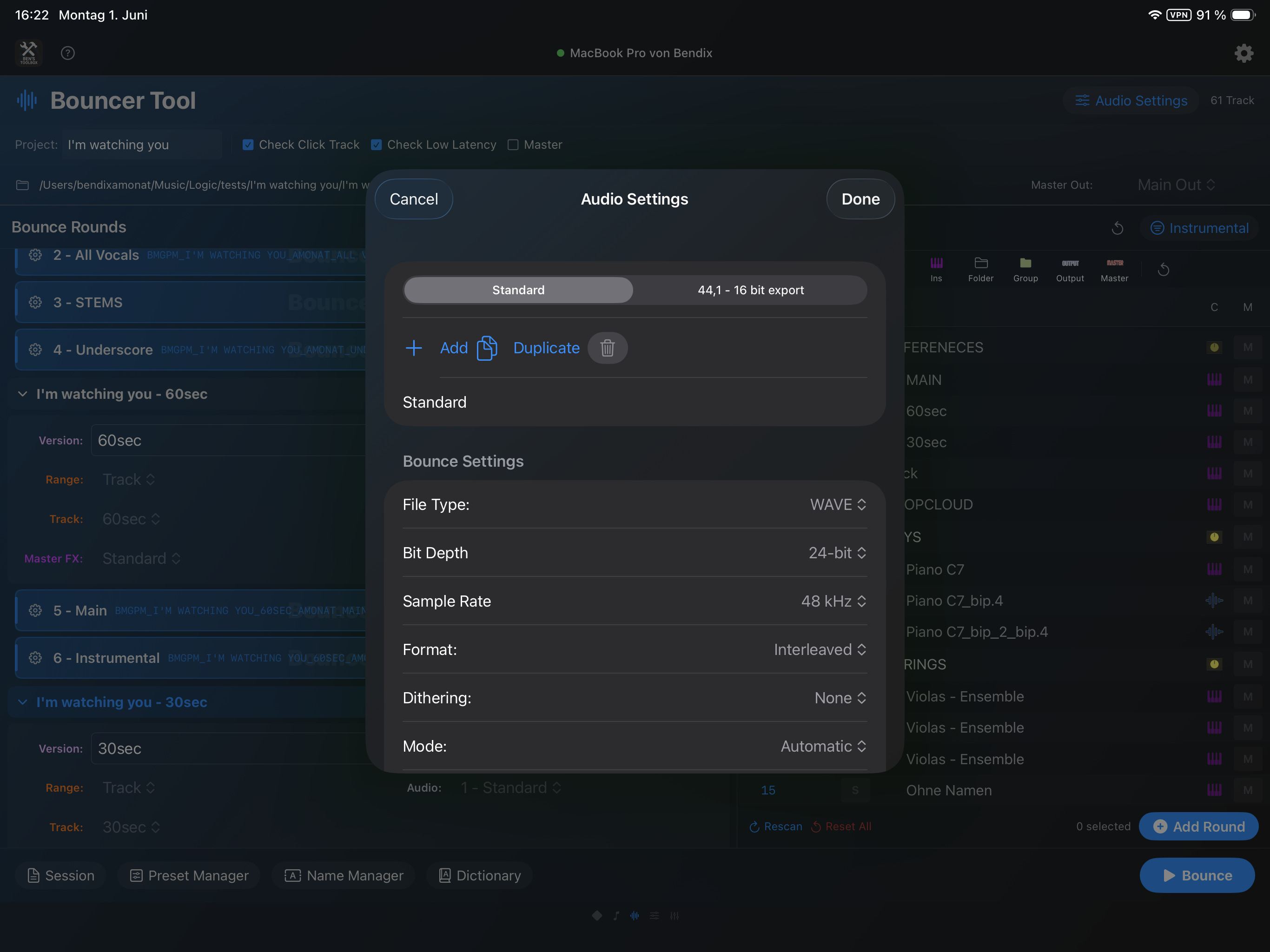 Bouncer Audio Settings auf dem iPad mit Bounce- und Export-Einstellungen