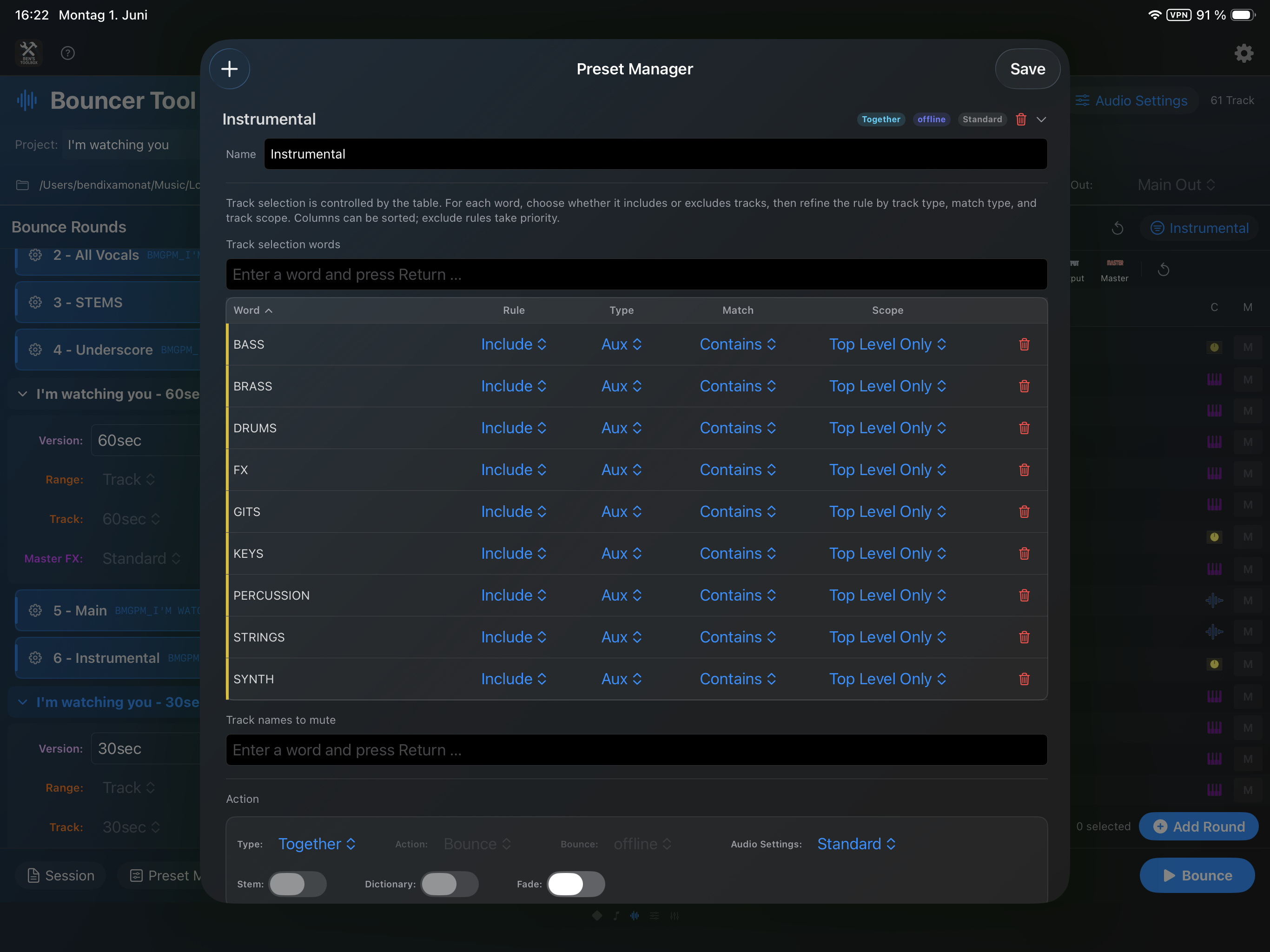 Bouncer Preset Manager auf dem iPad mit Include-Regeln und Track Type