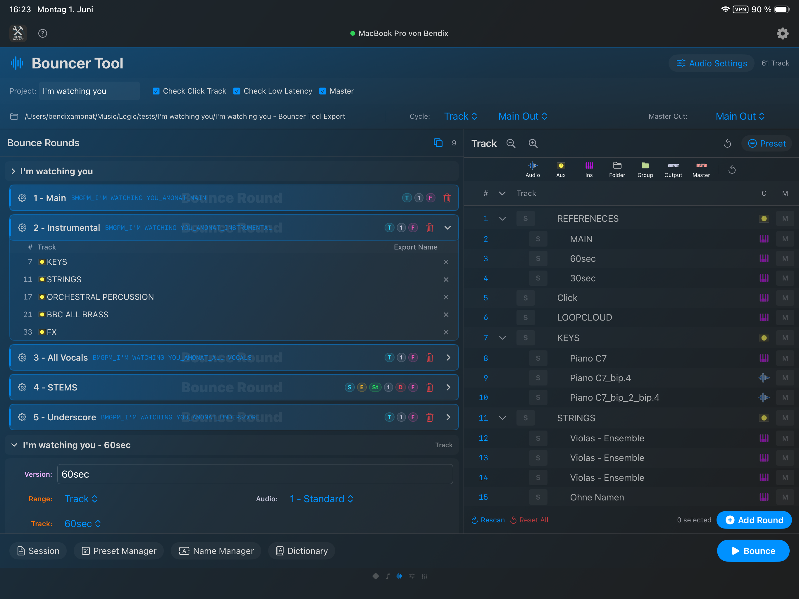 Bouncer Tool auf dem iPad mit Trackliste, Bounce Versions und Round-Liste