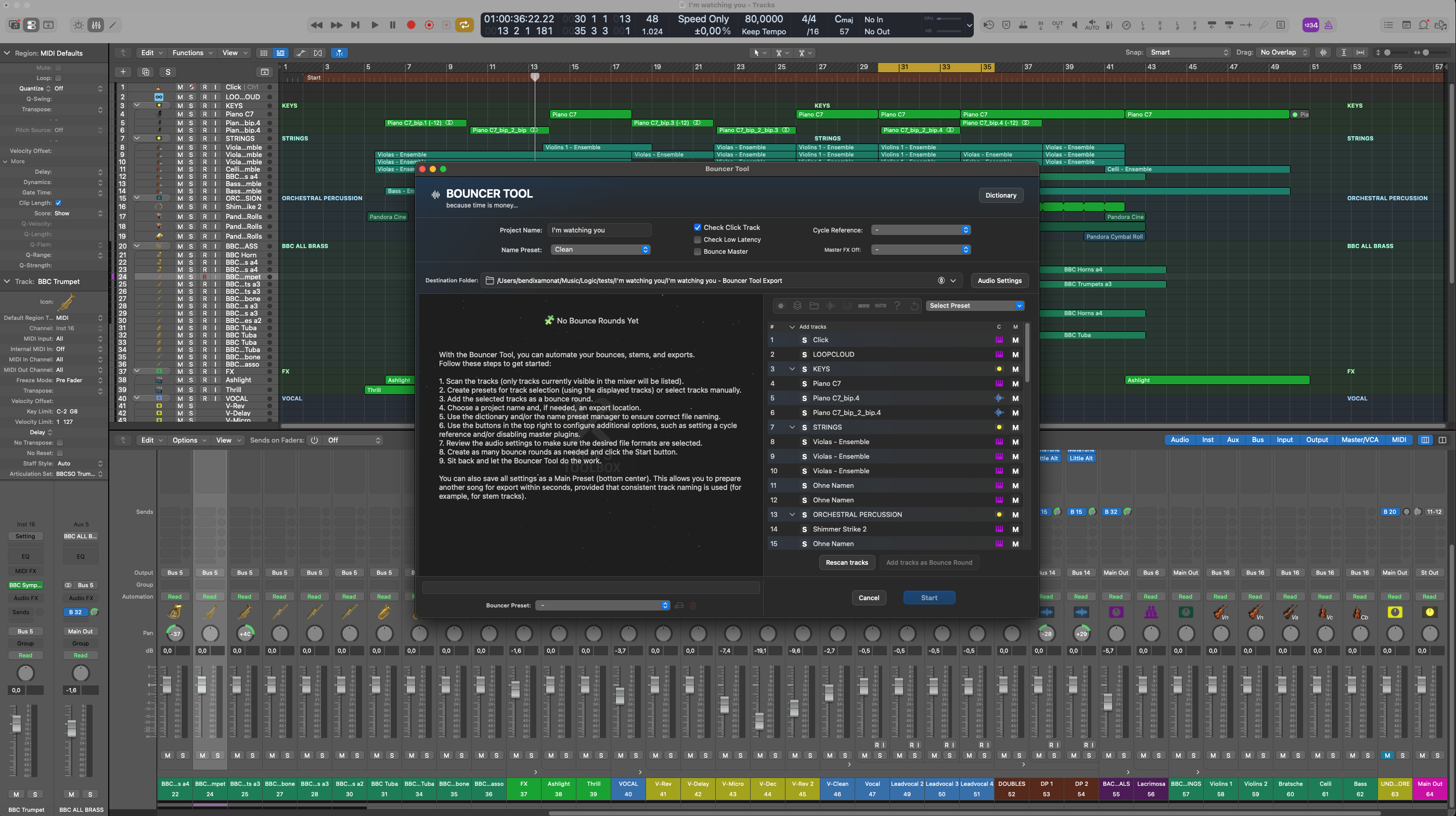 Logic Pro während eines Bouncer-Exports mit Mixer und Bouncer-Status
