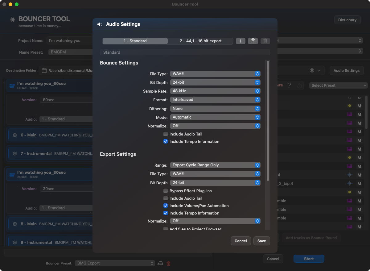 Bouncer Tool Audio Settings mit Bounce Settings, Export Settings und Final Fade Settings
