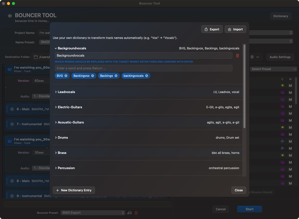 Bouncer Tool Dictionary Manager mit Zielnamen und Synonymen