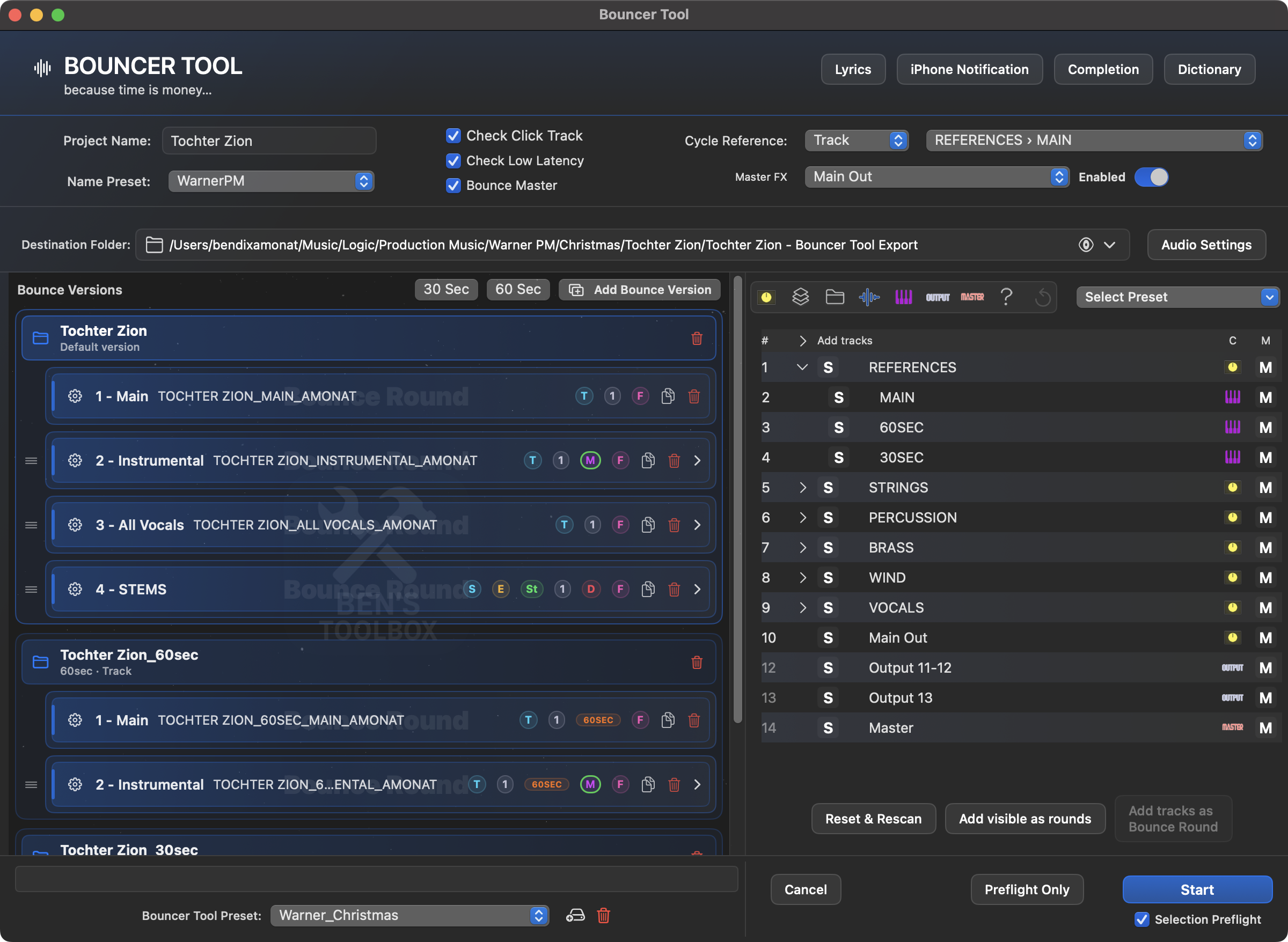 Aktuelles Bouncer Tool Hauptfenster mit geladenem Warner Christmas Main Preset, Bounce Versions, Rounds und Trackliste