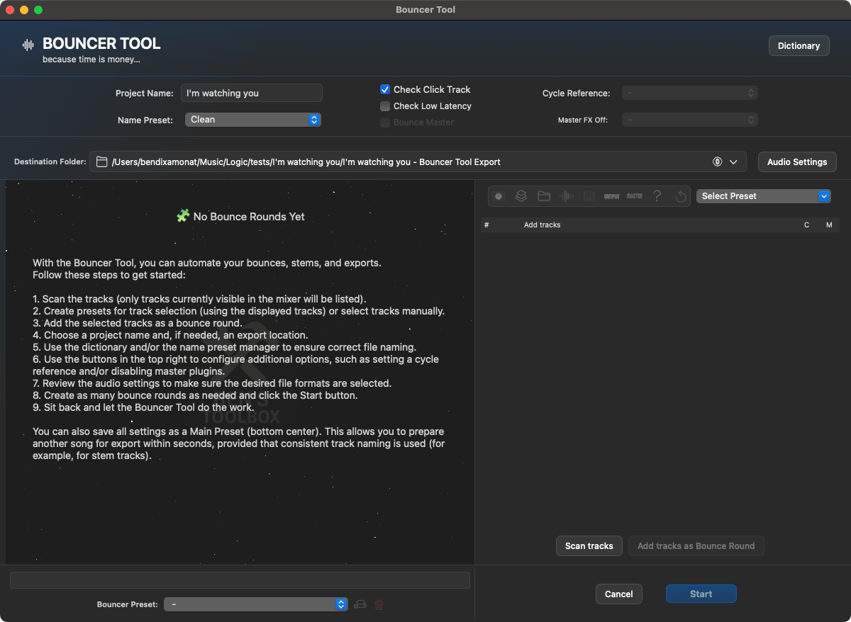 Bouncer Tool Hauptfenster mit Bounce-Rounds, Track-Liste und Preset-Auswahl