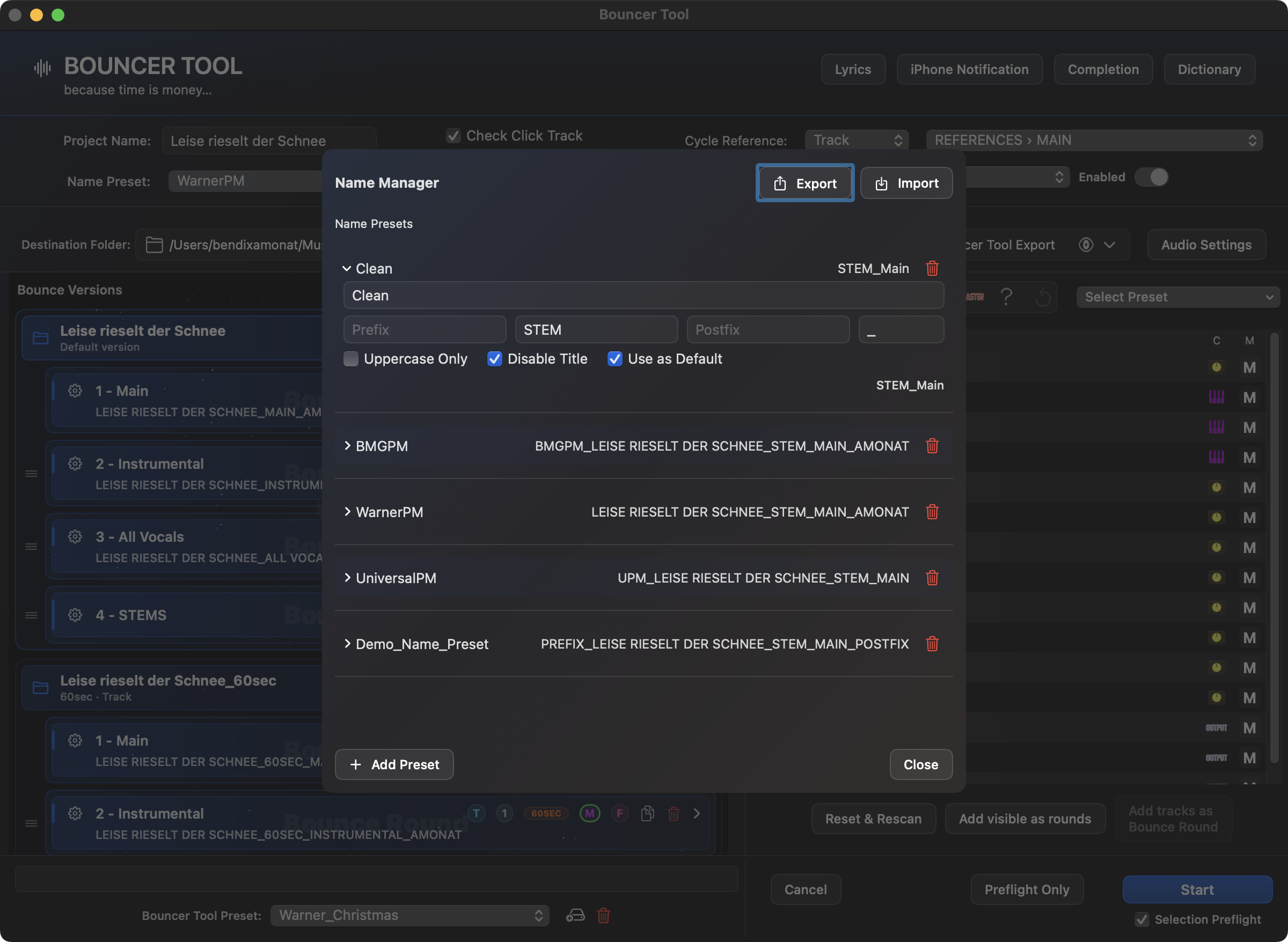 Name Manager mit Disable Title, Use as Default, Uppercase Only und Live-Vorschau der resultierenden Exportnamen
