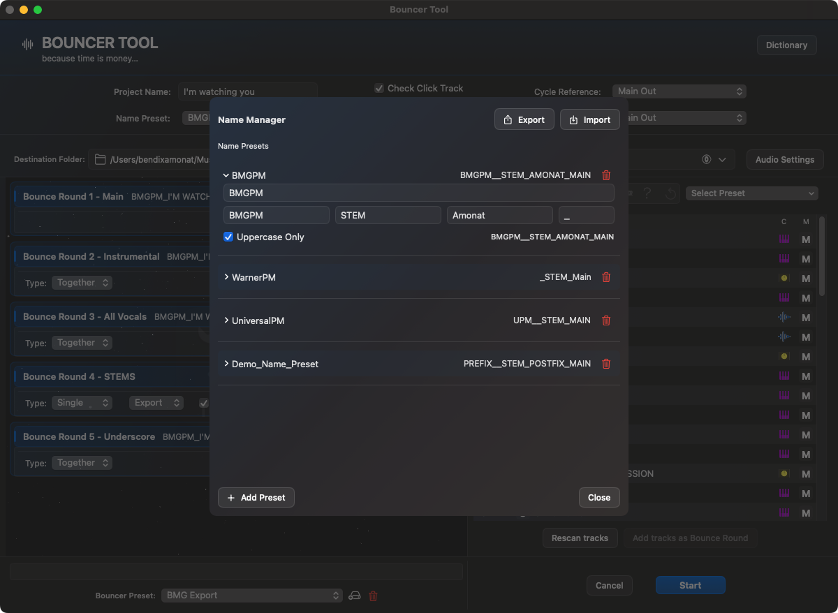 Bouncer Name Manager mit Prefix, Separator, Stem und Postfix