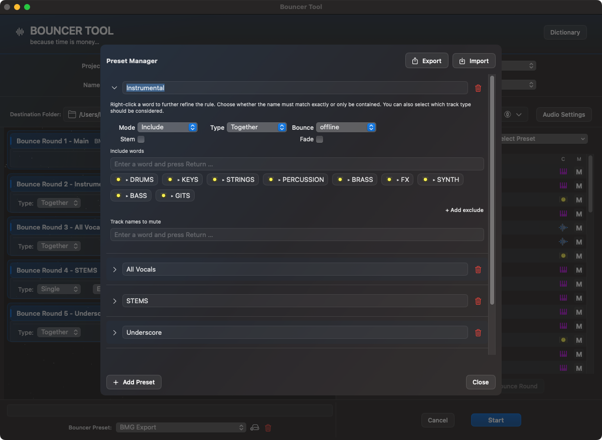 Bouncer Preset Manager mit Include- und Exclude-Regeln, Track Type und Scope