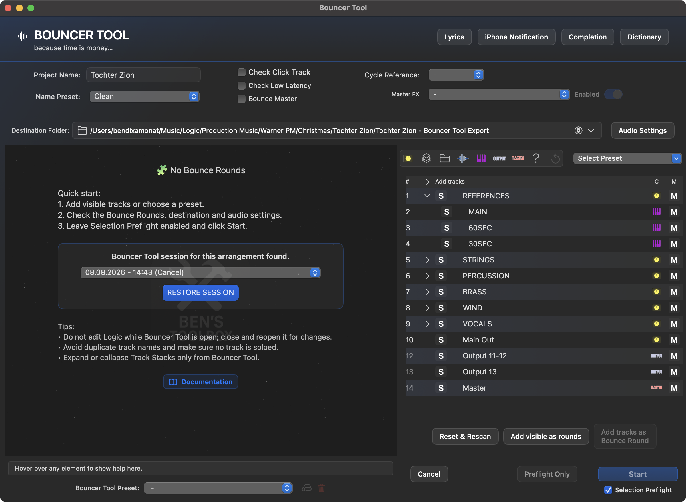 Aktuelles Bouncer Tool Hauptfenster mit leerem Setup, Restore Session, Trackliste und Preflight-Steuerung