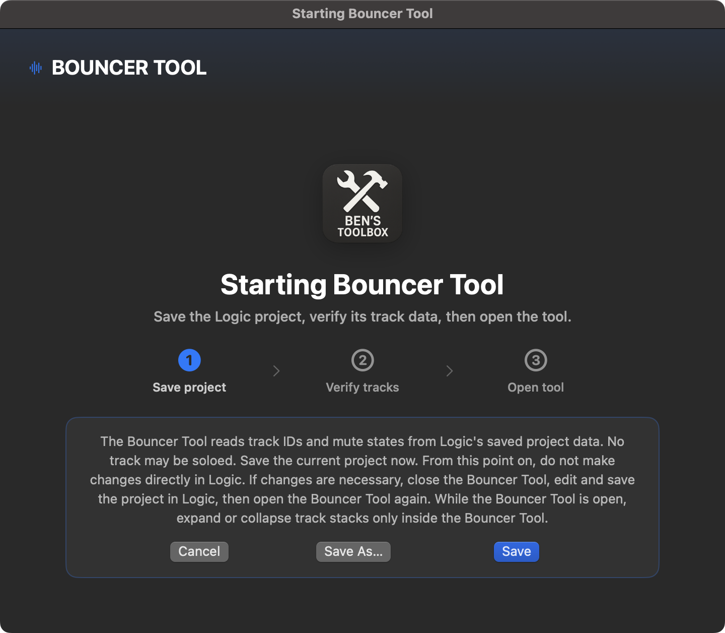 Startdialog des Bouncer Tools mit Save, Save As und Cancel