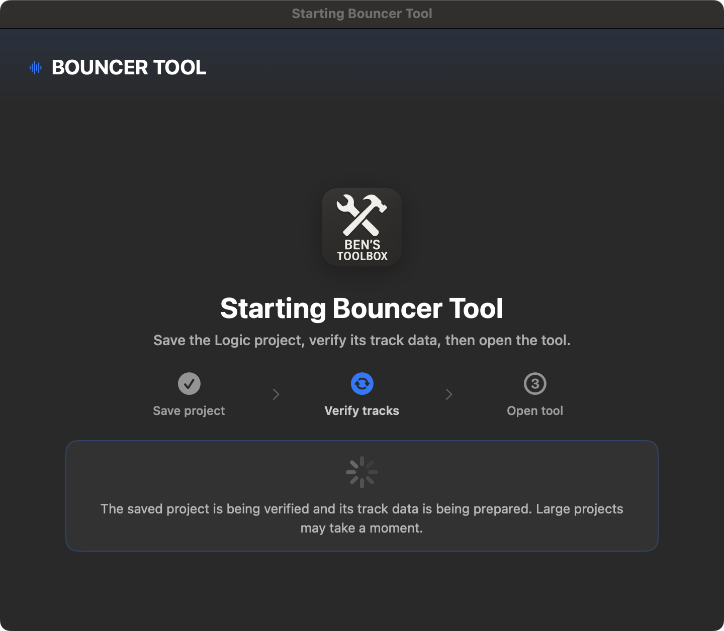 Startdialog des Bouncer Tools während der Verifikation der gespeicherten Logic-Projektdatei