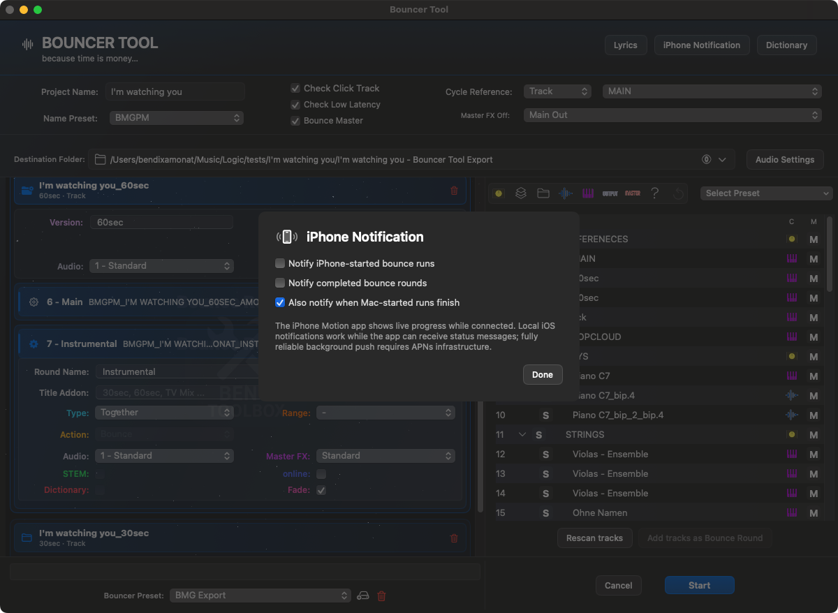 Bouncer Tool iPhone Notification Einstellungen fuer gestartete und abgeschlossene Bounce Runs