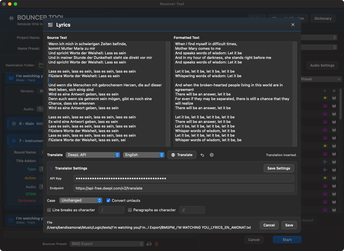 Bouncer Tool Lyrics-Fenster mit Formatierung, Deepl-API und Translator Settings