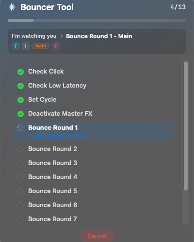 Bouncer Tool Statusanzeige mit laufenden Bounce-Schritten