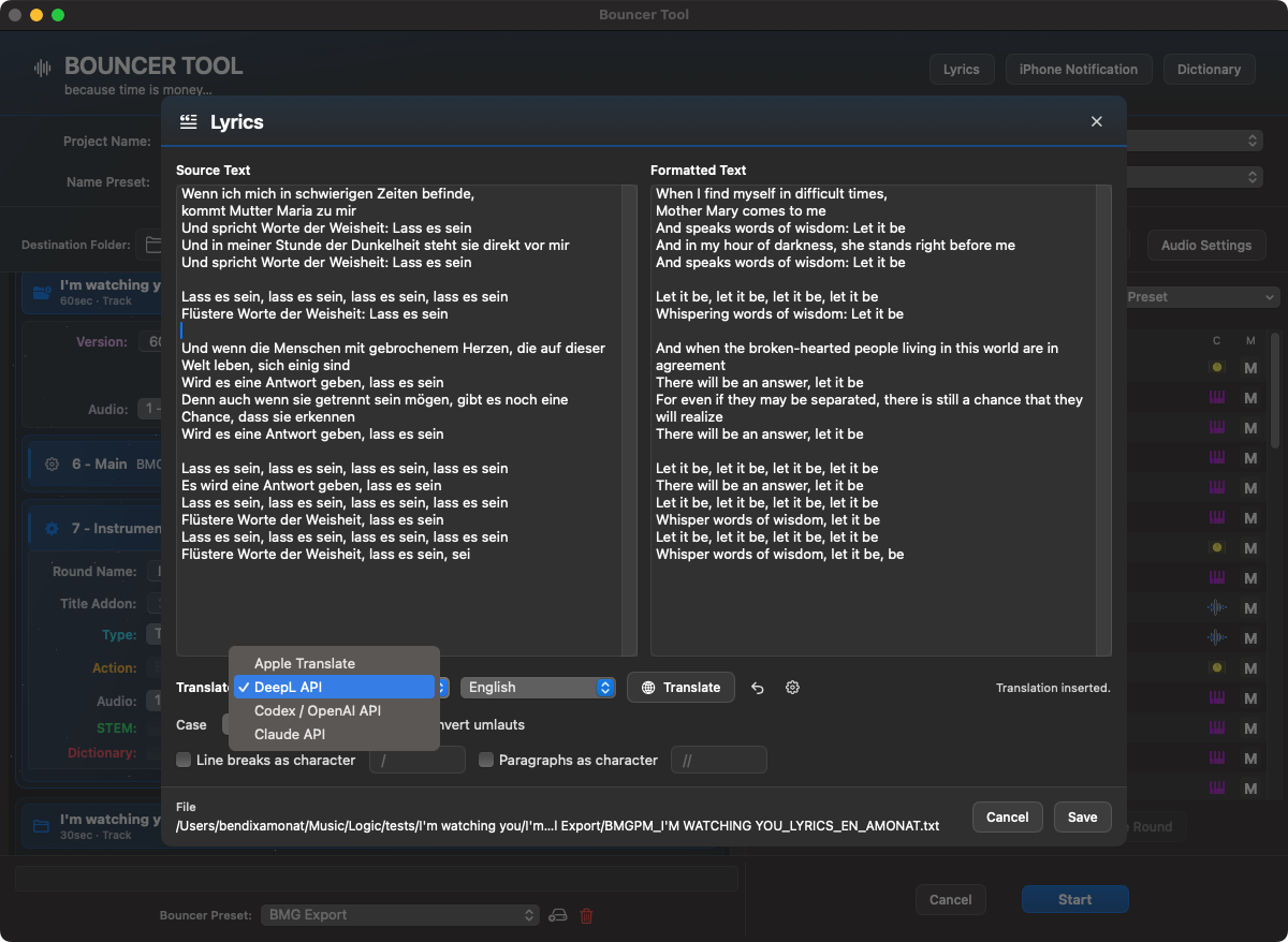 Bouncer Tool Lyrics-Fenster mit Auswahl von Apple Translate, Deepl, Codex OpenAI und Claude