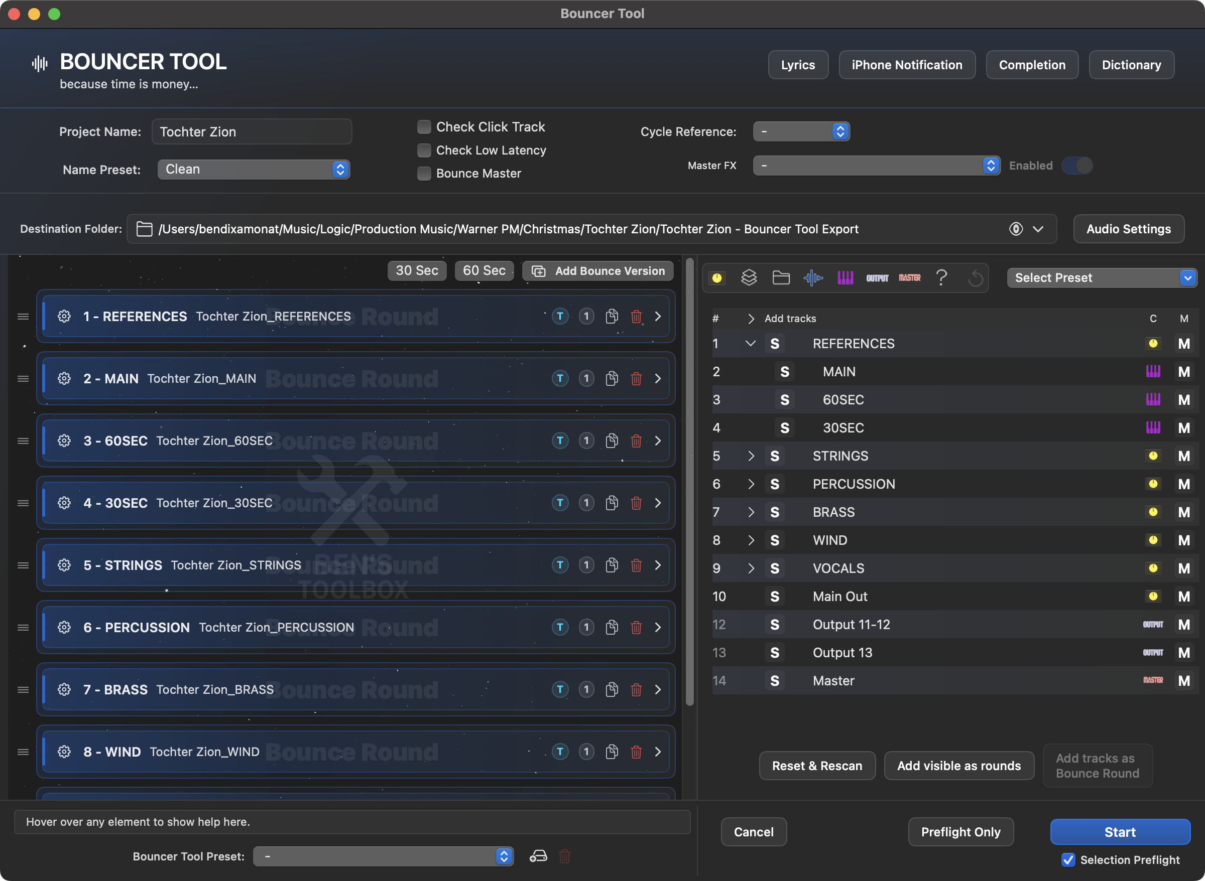 Bouncer Tool mit einzelnen Bounce-Rounds aus den sichtbaren Logic-Arrangement-Spuren