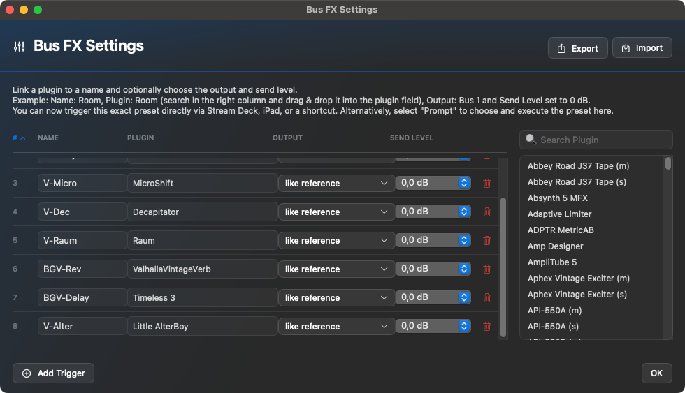 Bus FX Settings Fenster mit Triggern, Plugin-Auswahl und Send-Level