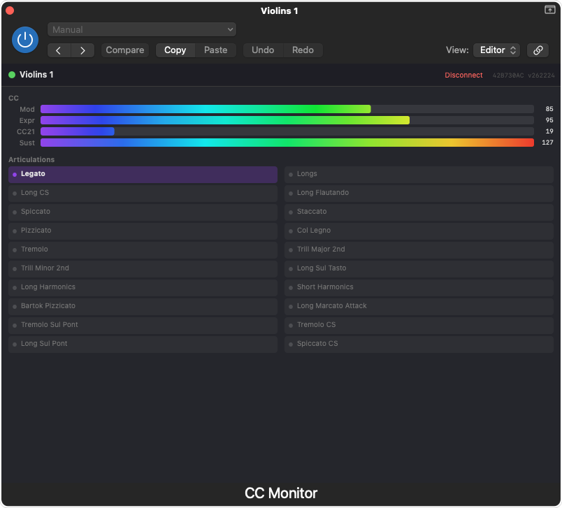 CC Monitor MIDI-FX-Plugin mit CC-Werten und aktiver Artikulation Legato