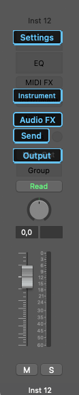 Logic Pro Channel Strip mit markierten Hover Actions fuer Settings, Instrument, Audio FX, Send und Output