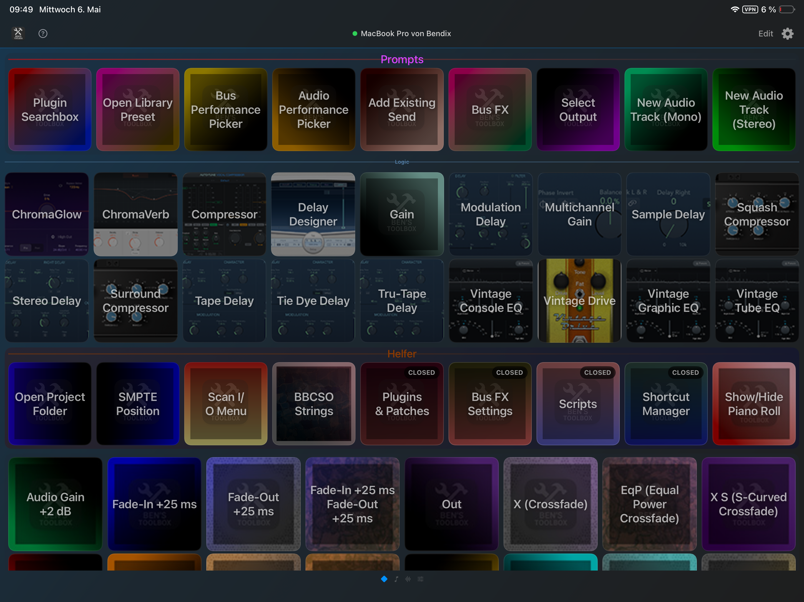 iPad Remote Grid mit Prompts, Logic-Tools, Helfer-Buttons, Plugin-Bildern und Gain-Fade-Buttons
