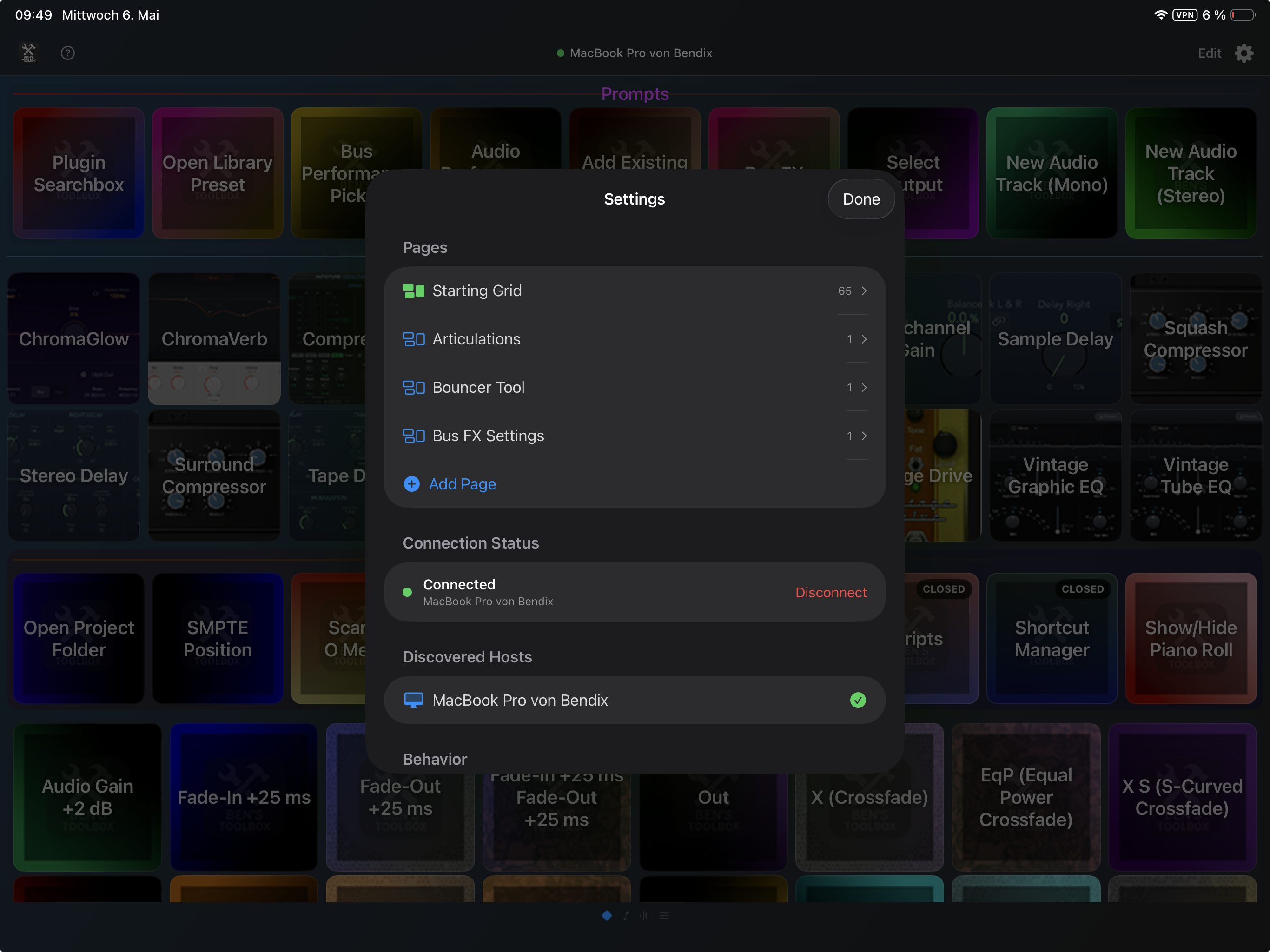 iPad Remote Settings mit Pages-Liste, Add Page, Connection Status und verbundenem MacBook