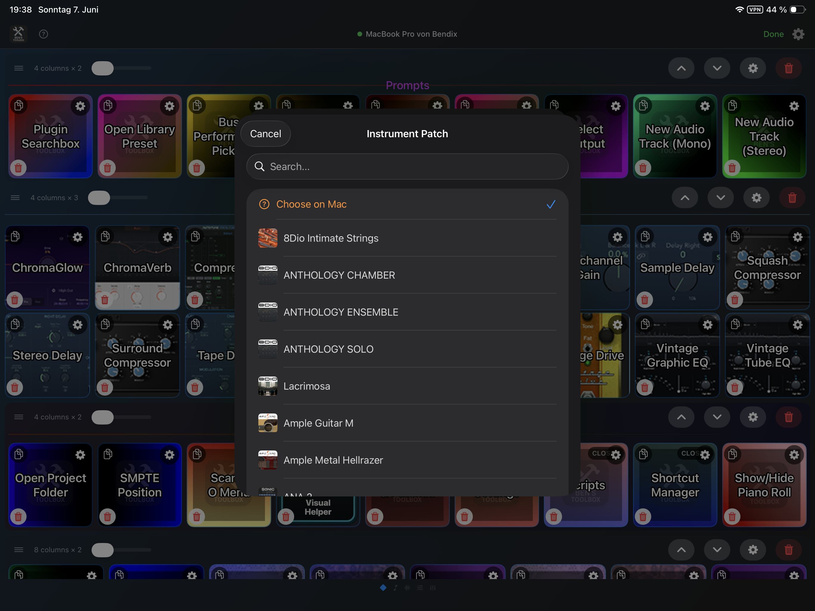 iPad Remote Library Preset Settings mit Suchfeld, Choose on Mac und gescannten Instrument Patches