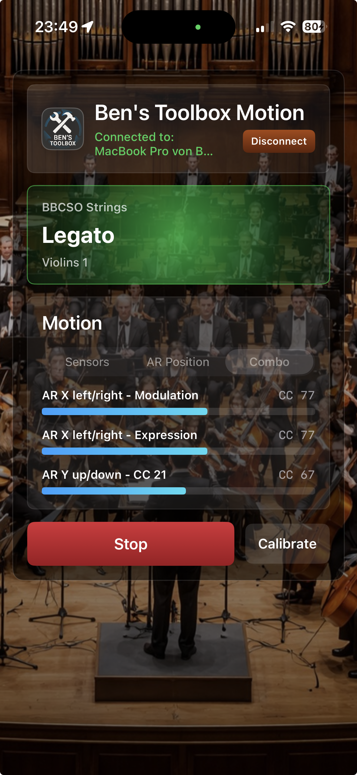 iPhone-App Ben's Toolbox Motion mit Verbindung zum Mac, aktuellem Instrument, Motion-Lanes, Stop und Calibrate