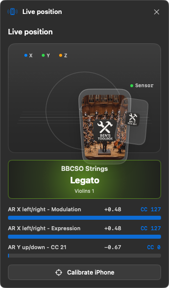 Live-Position-Monitor der iPhone Motion App mit Sensorposition, Instrument und CC-Werten