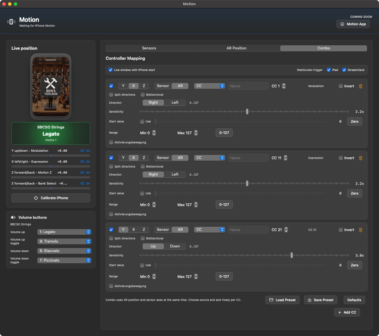 macOS Motion Fenster mit Live-Position, Controller Mapping, Sensor-, AR- und Combo-Einstellungen