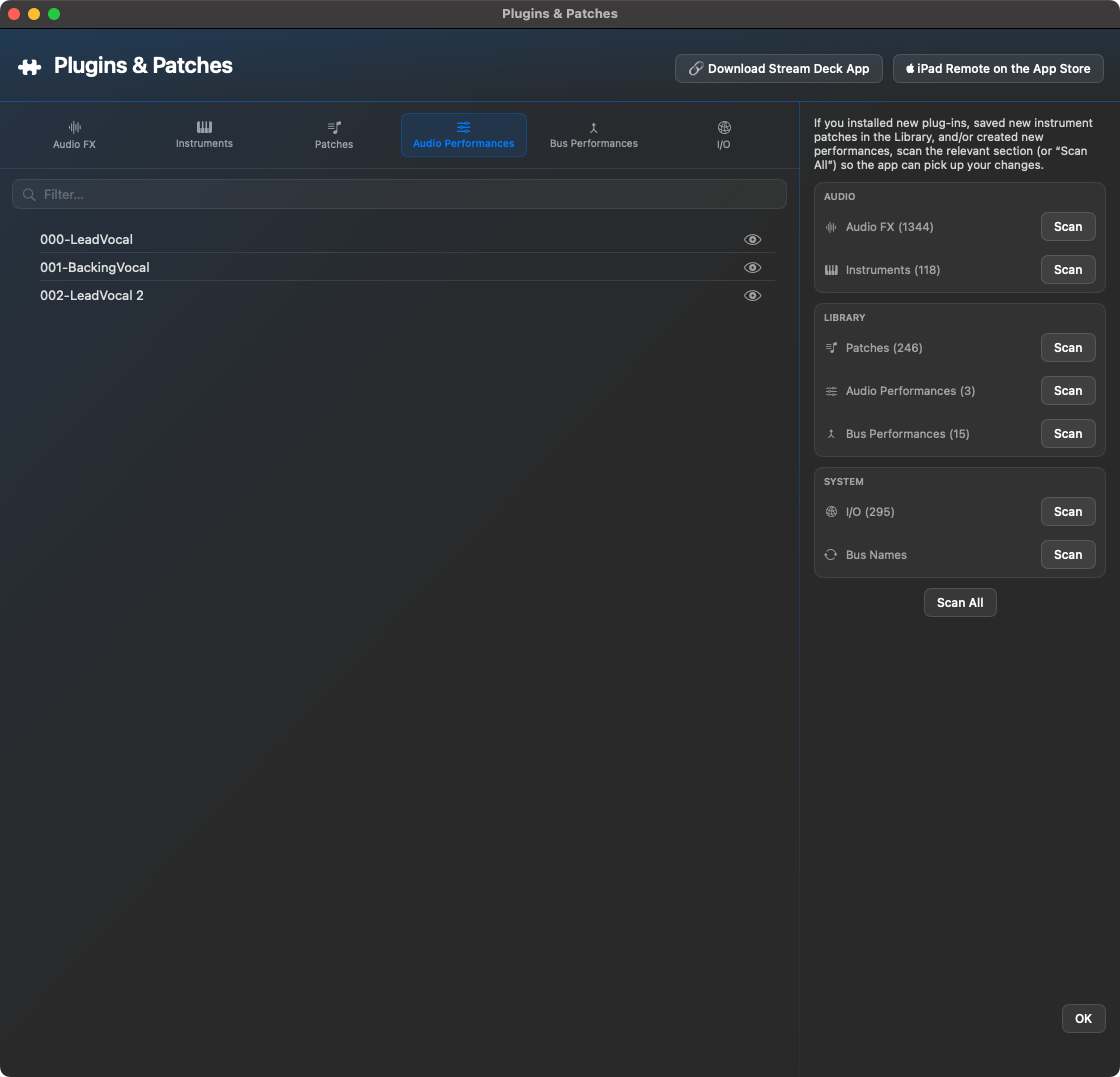 Plugins & Patches Reiter Audio Performances mit gespeicherten Audio-Track-Setups