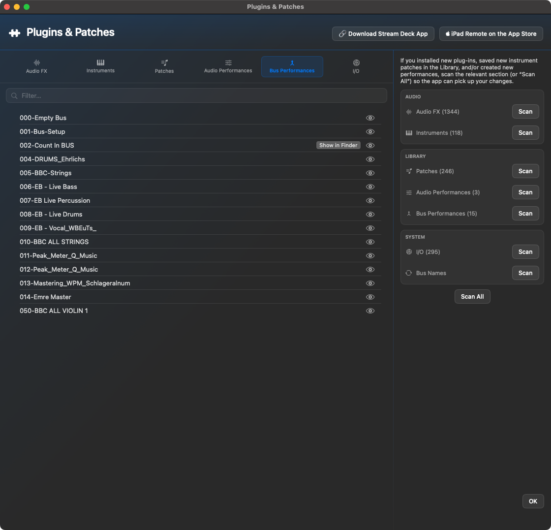 Plugins & Patches Reiter Bus Performances mit gespeicherten Bus- und Effekt-Setups