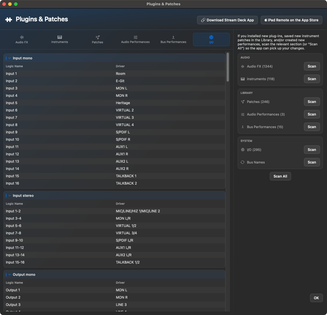 Plugins & Patches Reiter I/O mit Eingängen, Ausgängen und Gerätetreibernamen
