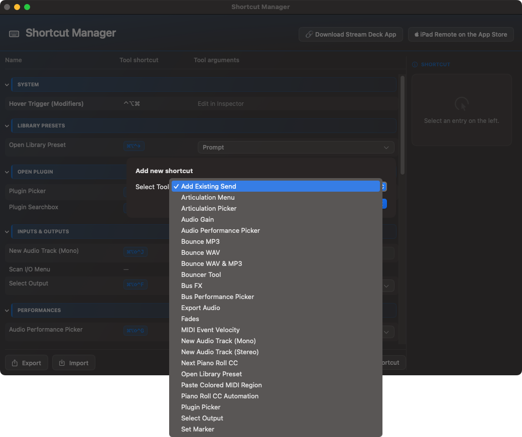 Shortcut Manager mit geöffneter Aktionsauswahl