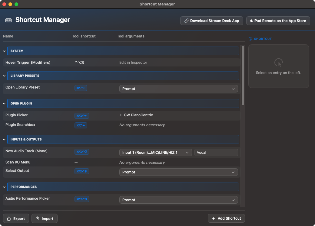Shortcut Manager mit Gruppen, Tastenkürzeln und Parametern