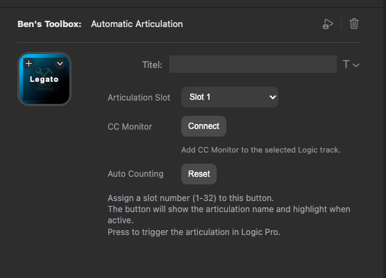 Stream Deck Automatic Articulation Property Inspector mit Connect Button fuer CC Monitor