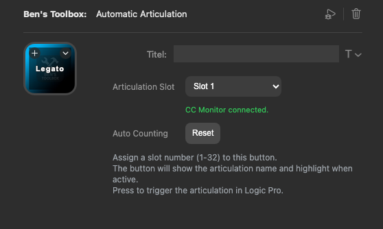Stream Deck Automatic Articulation Property Inspector mit gruenem CC Monitor connected Status