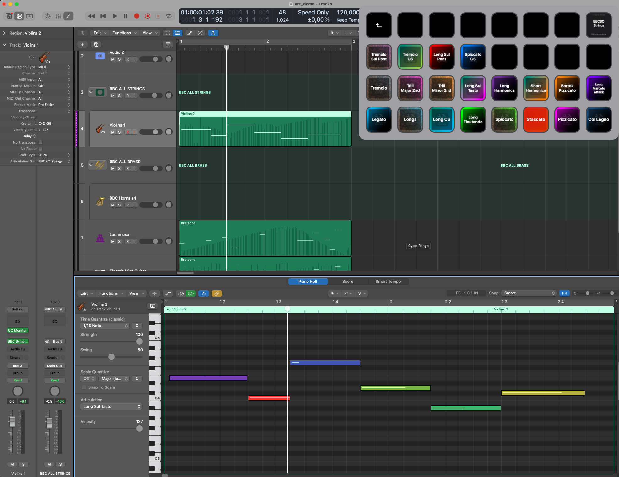 Stream Deck Artikulationsbuttons fuer BBC Symphony Orchestra Strings von Spitfire mit Logic Piano Roll und farbigen MIDI-Events
