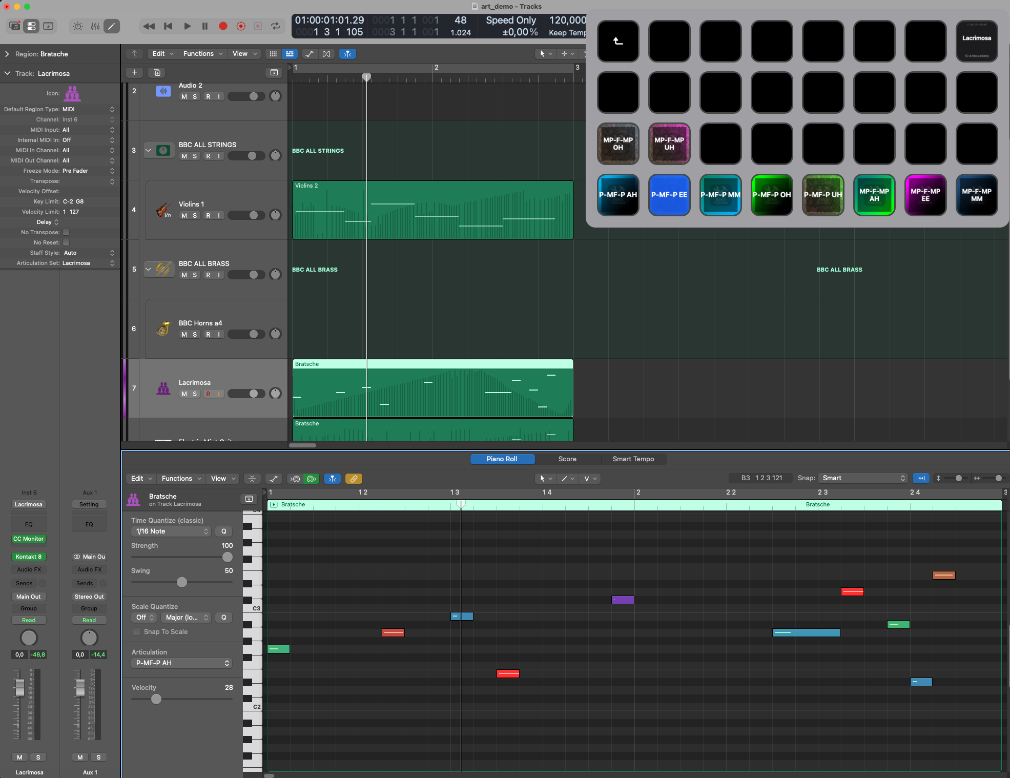 Stream Deck Artikulationsbuttons fuer Lacrimosa Choir von 8Dio mit ausgewaehltem MIDI-Event in der Logic Piano Roll