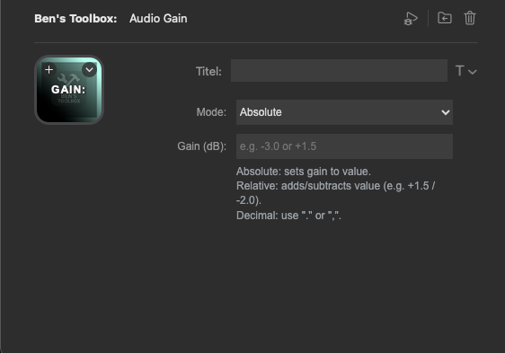 Stream Deck Property Inspector Audio Gain mit absolutem und relativem Gain-Modus