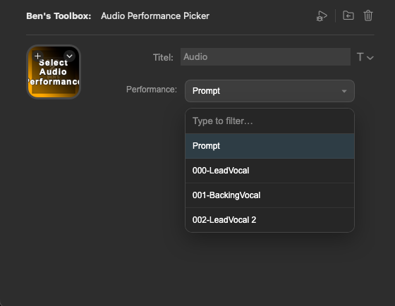 Stream Deck Property Inspector Audio Performance Picker mit Prompt und Audio-Performance-Liste