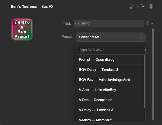 Stream Deck Property Inspector Bus FX mit Preset-Liste fuer FX Sends