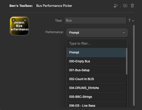 Stream Deck Property Inspector Bus Performance Picker mit Prompt und Bus-Performance-Liste
