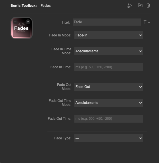 Stream Deck Property Inspector Fades mit Fade In, Fade Out, Zeitmodus und Fade Type